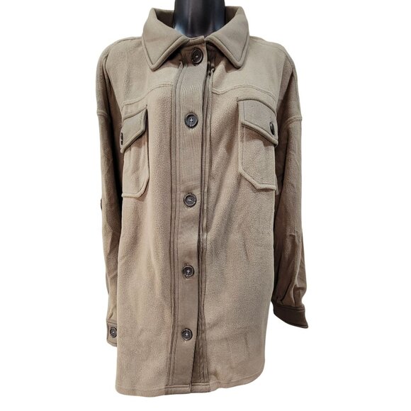 Zenana Shacket Basic Jacket Mocha Tan Button-Up Fleece Pockets Womens Large New - Picture 1 of 10